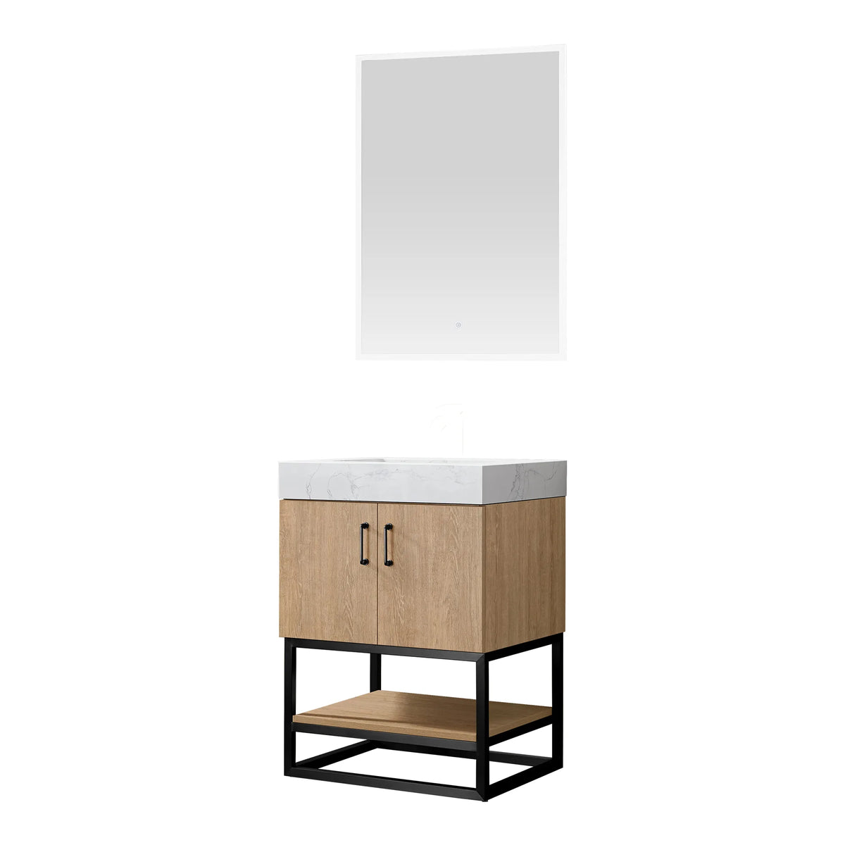 White-background front view of the vanity with its matching mirror above and black base