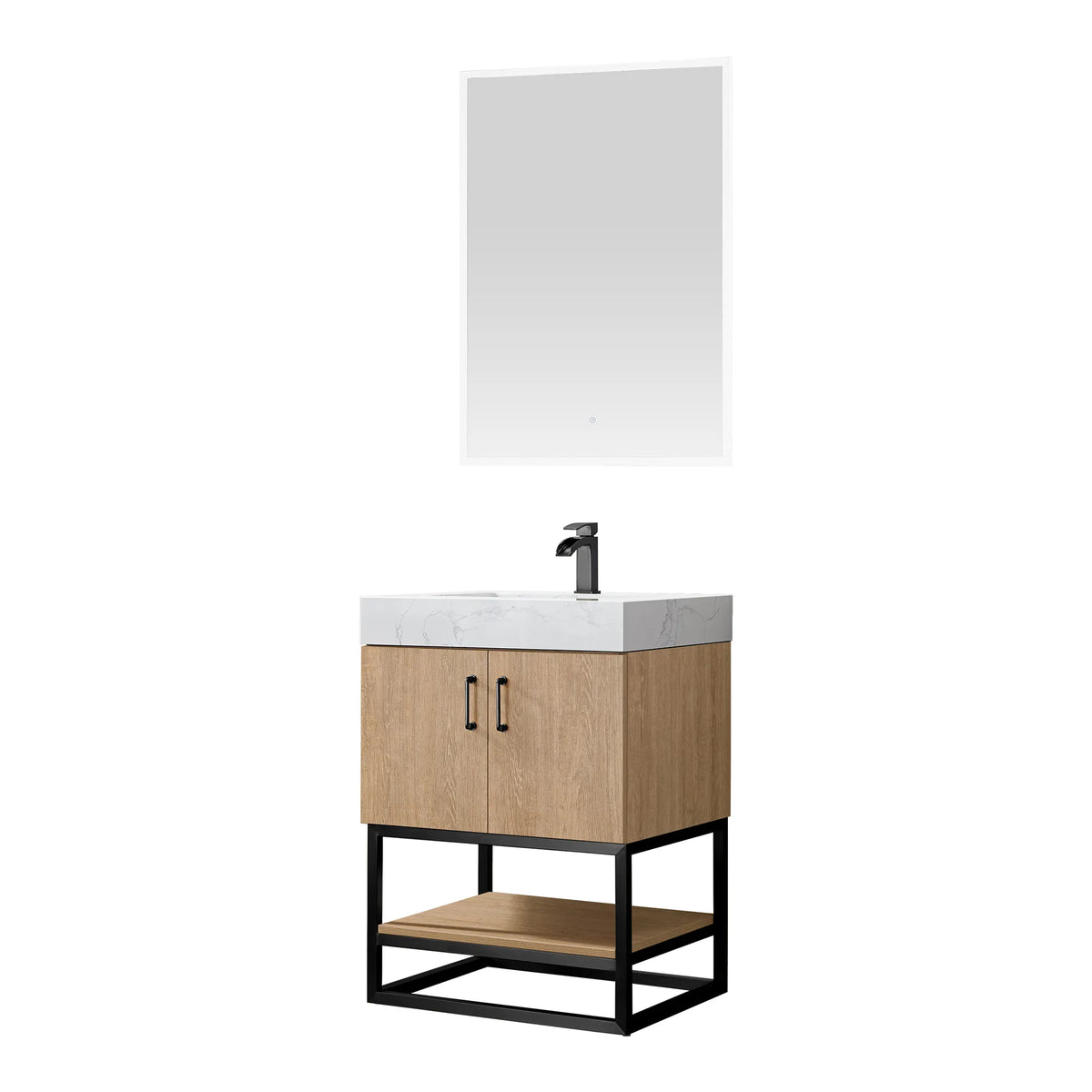 Front view on white of the 24 inch vanity with a matching mirror hung above