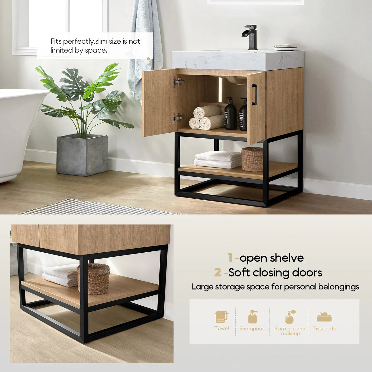Callout showing soft-closing doors open on towels, an open shelf inset and a note on the slim size