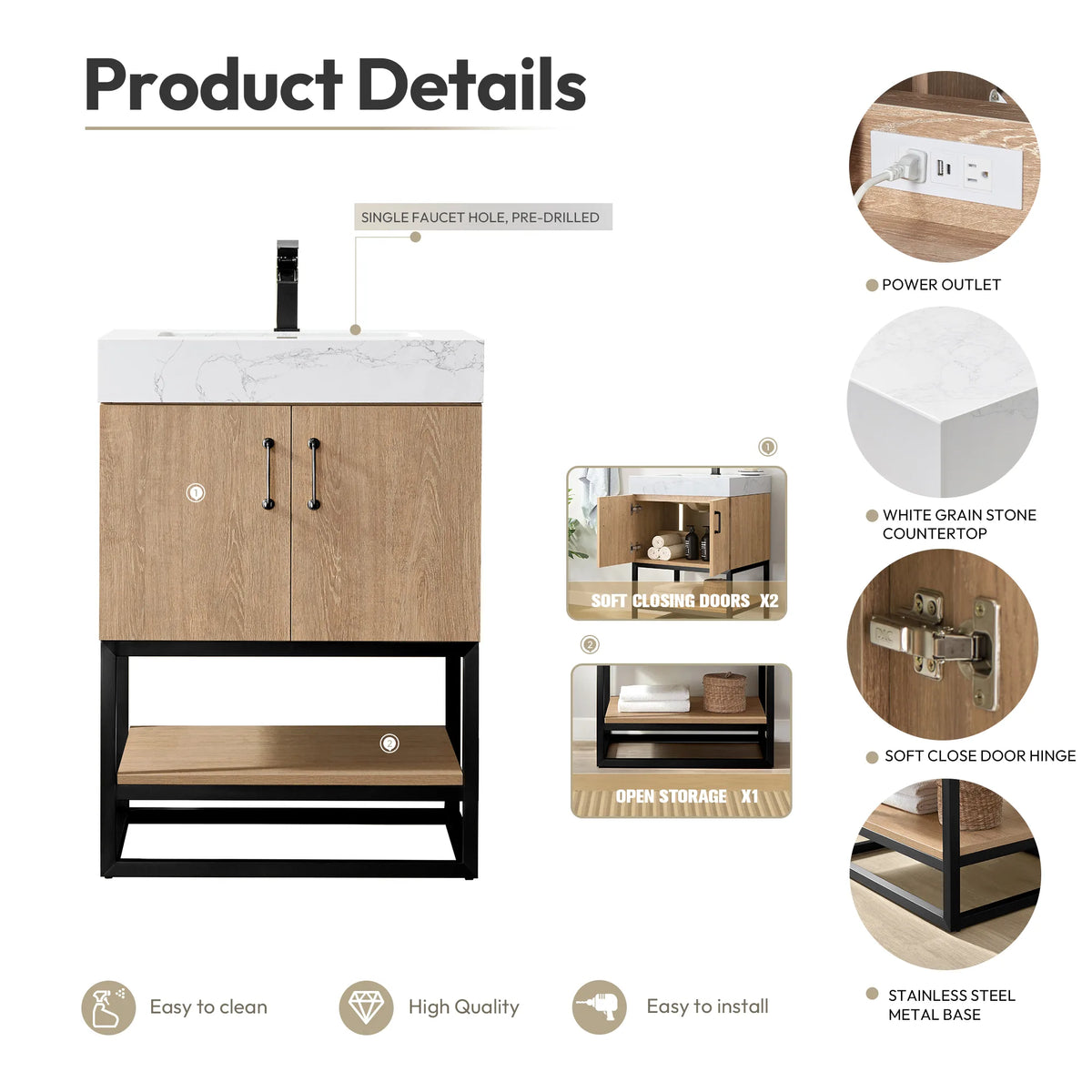 Product details graphic labeling the power outlet, countertop, soft-close door, open storage and base