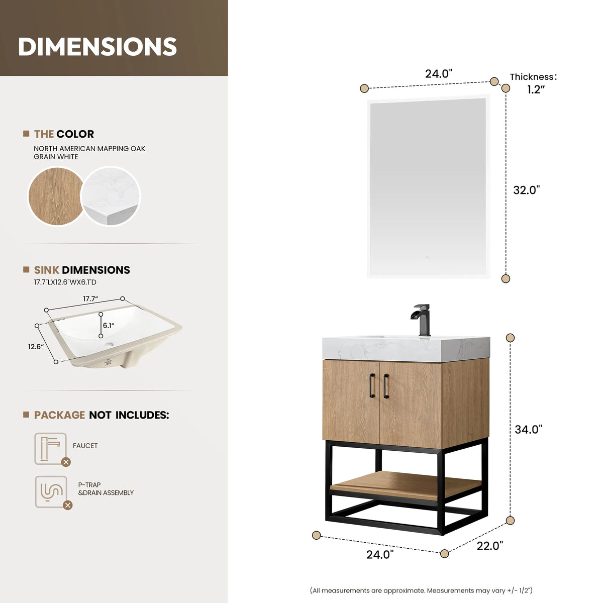 Dimension drawing of the 24 inch single vanity with its matching mirror, showing width, depth and height