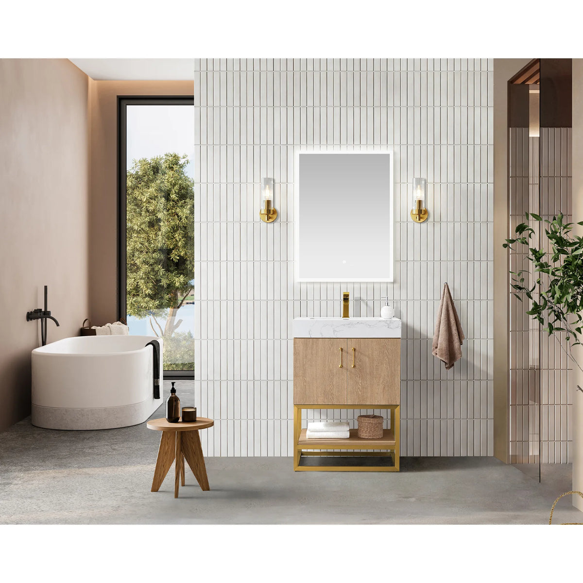 Lifestyle shot of the vanity in a tiled bathroom beside a soaking tub, with a wall mirror and a stool
