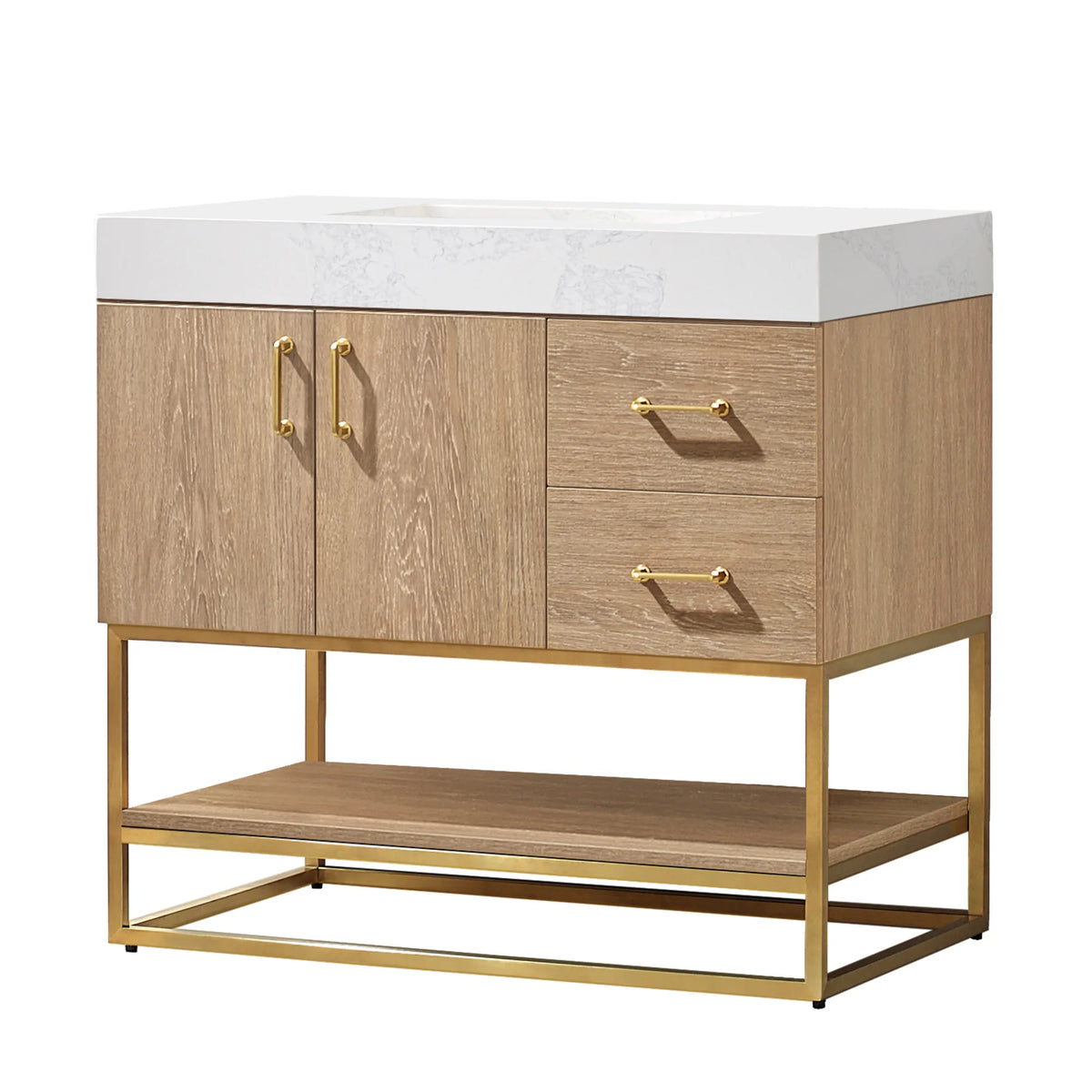 Front view of a 36 inch single bathroom vanity in North American Oak, Brushed Gold pulls and open shelf below