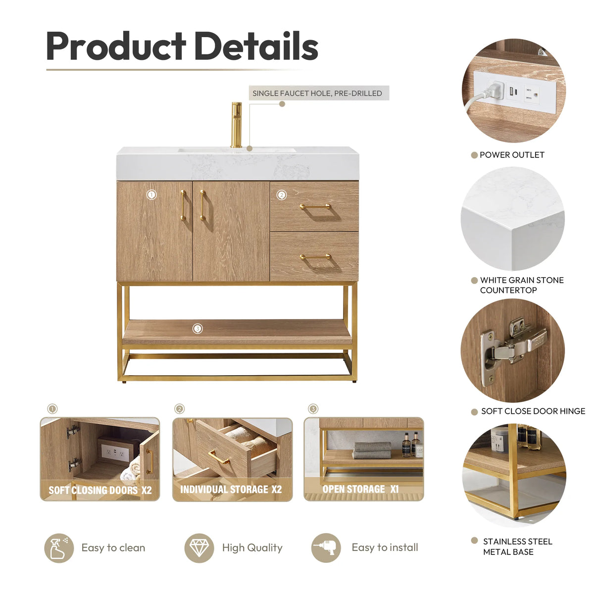 Feature labels around the vanity front: power outlet, white grain stone countertop, soft-close door, open storage