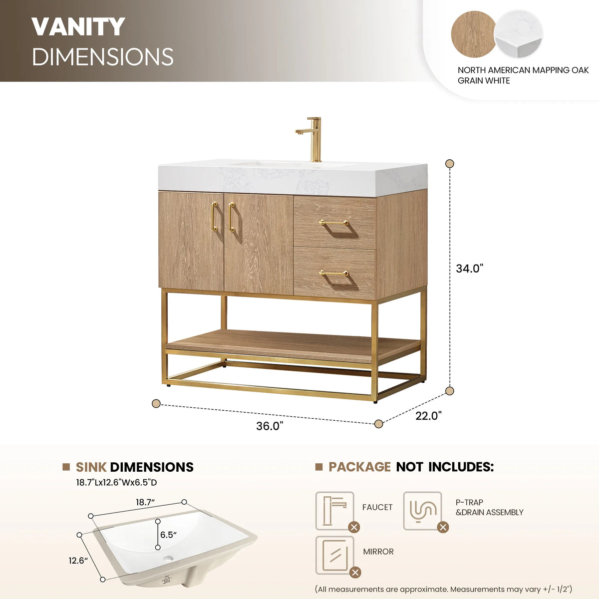 Dimension drawing of the 36 inch single vanity showing overall width, depth and height and the sink outline