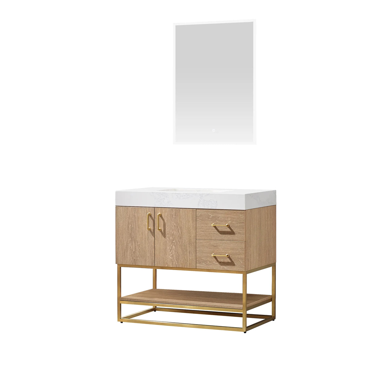 White-background front view of the 36 inch vanity with its mirror above and a gold base beneath