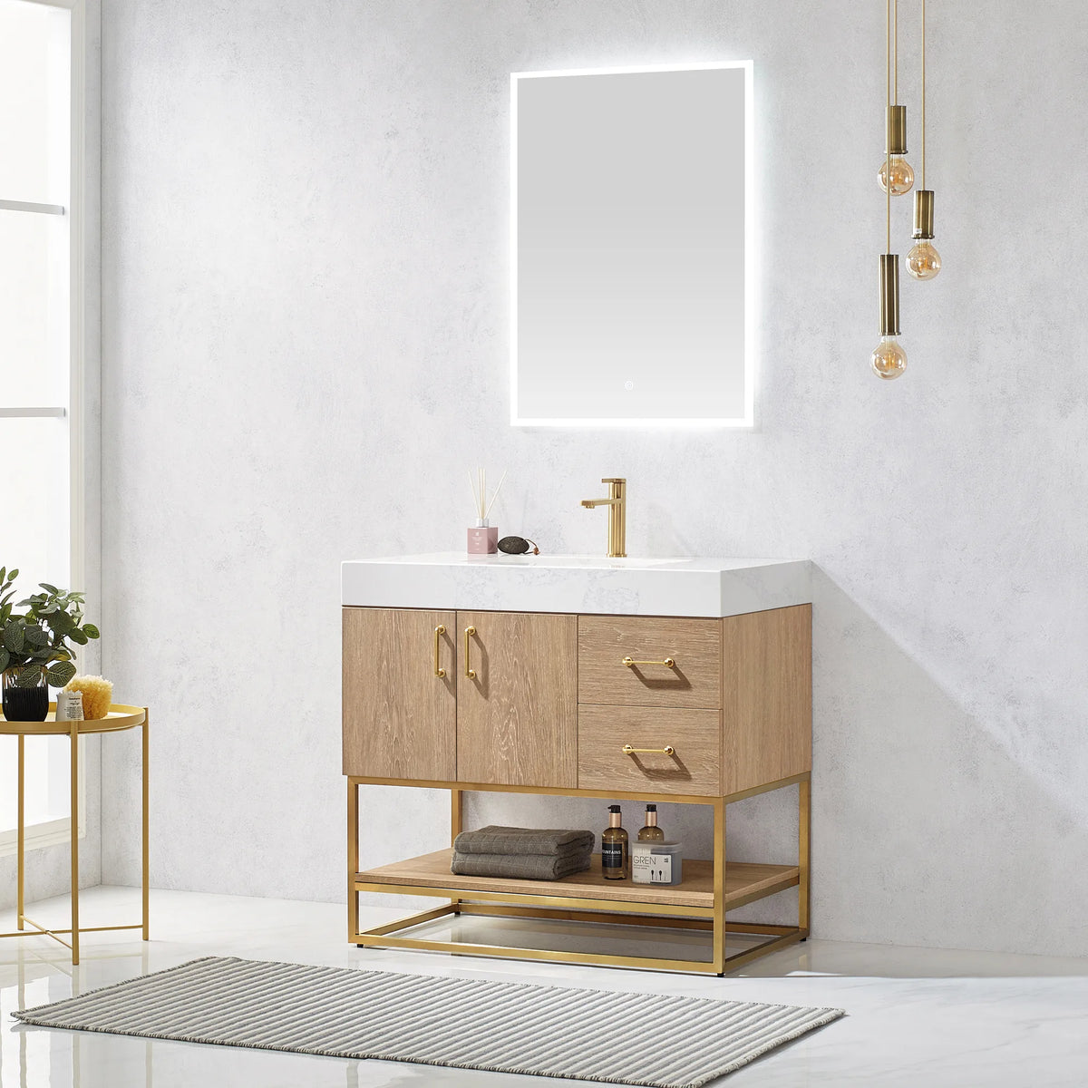 Straight-on room view of the vanity, mirror, a pendant light and a striped rug on the floor