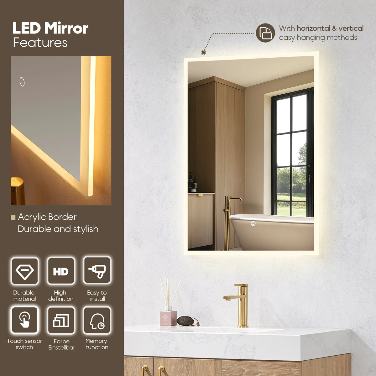 LED mirror callout with lit mirror, acrylic border and touch sensor icons, the vanity top at the base