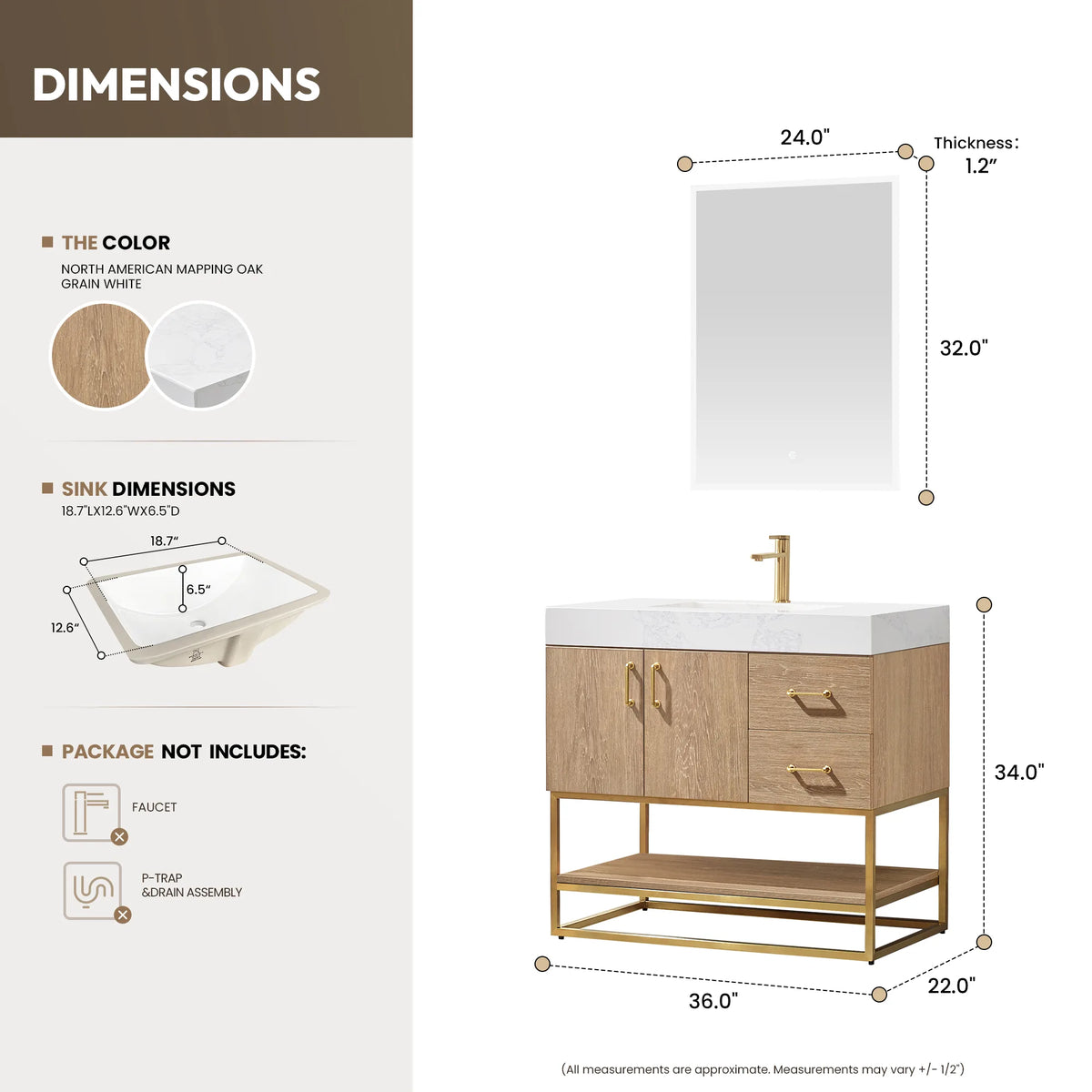 Dimension drawing of the 36 inch single vanity and matching mirror with width, depth and height lines
