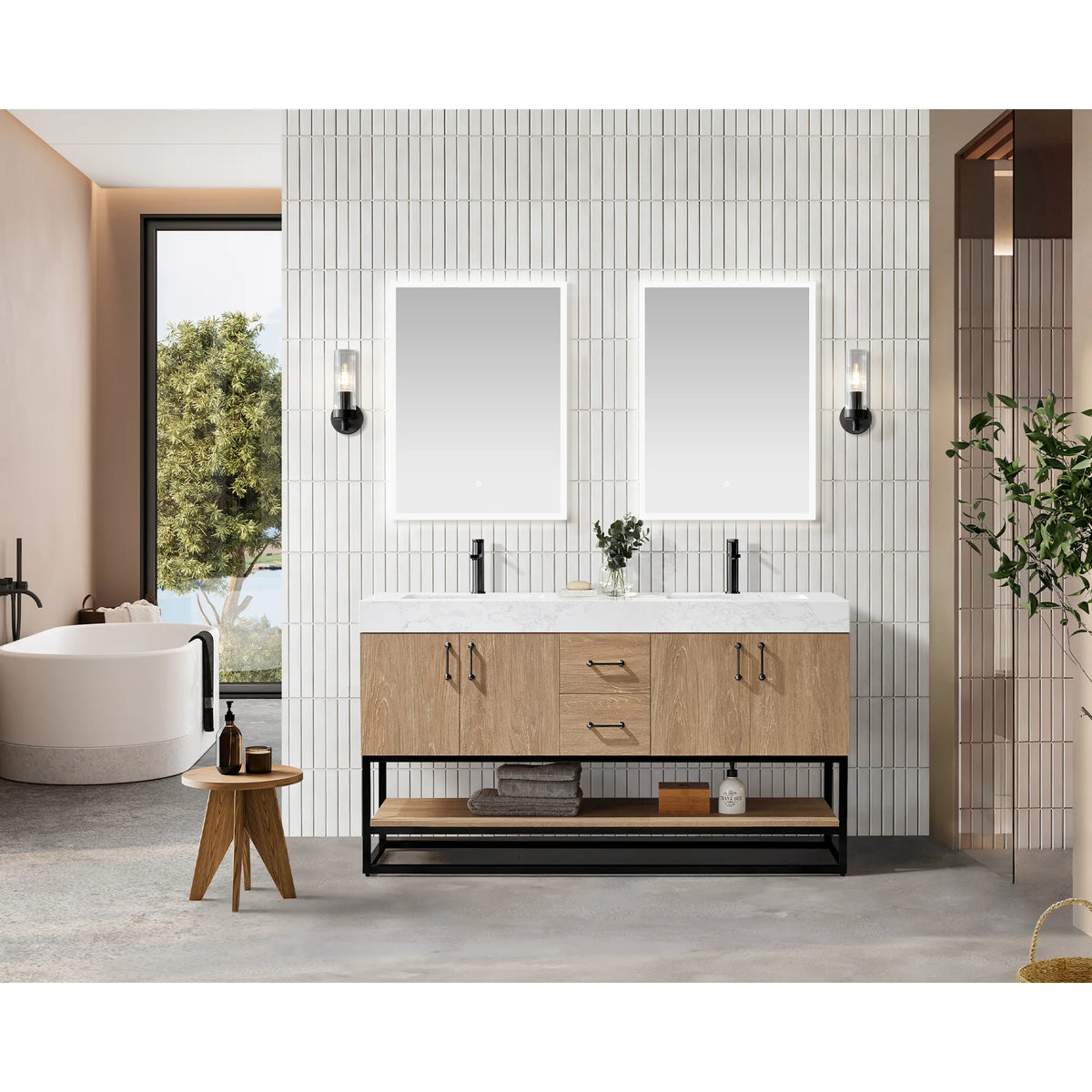 Matte black hardware on a 60 inch double vanity in a bathroom with two wall mirrors, a soaking tub and stool