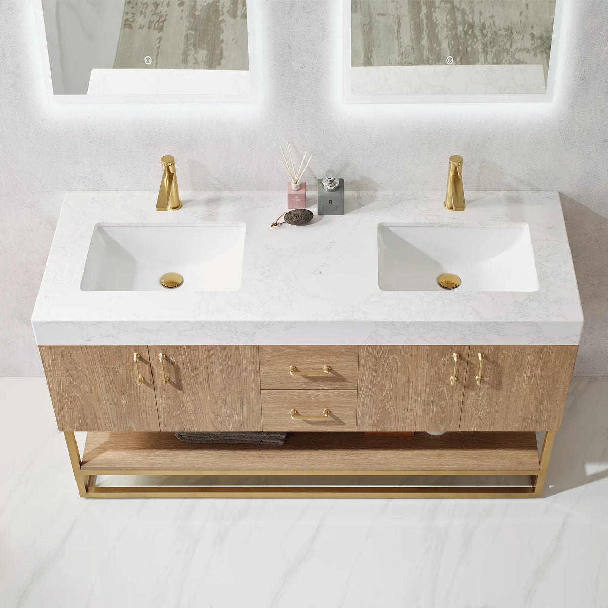 Close-up of the white grain stone countertop with its undermount ceramic sink area and a decor tray
