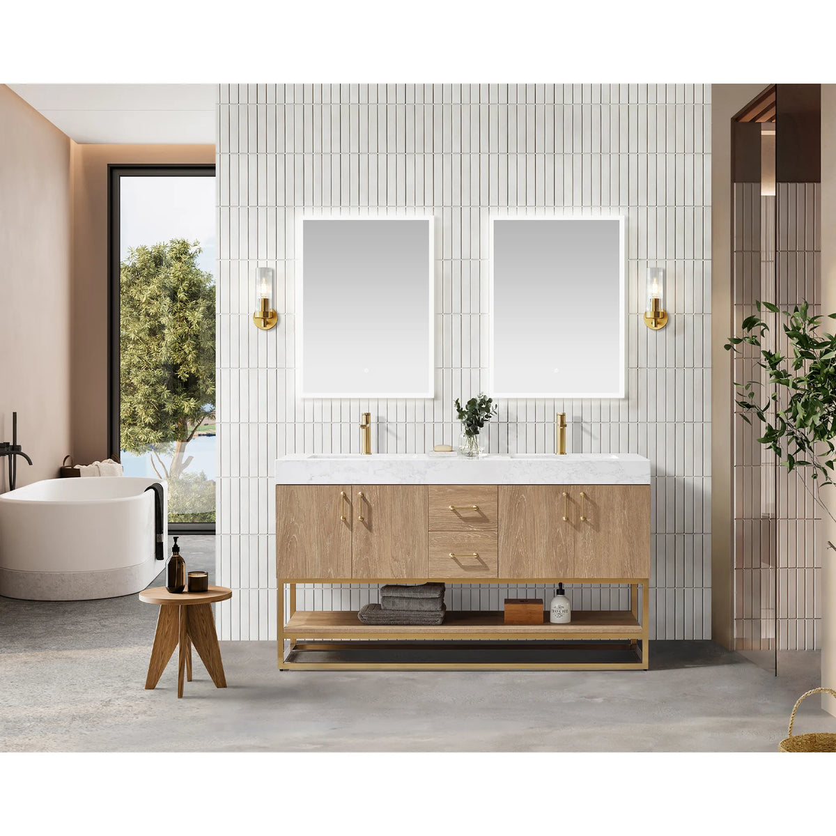Linens stored inside the open doors and drawers of the double vanity, with two mirrors above and the room beyond