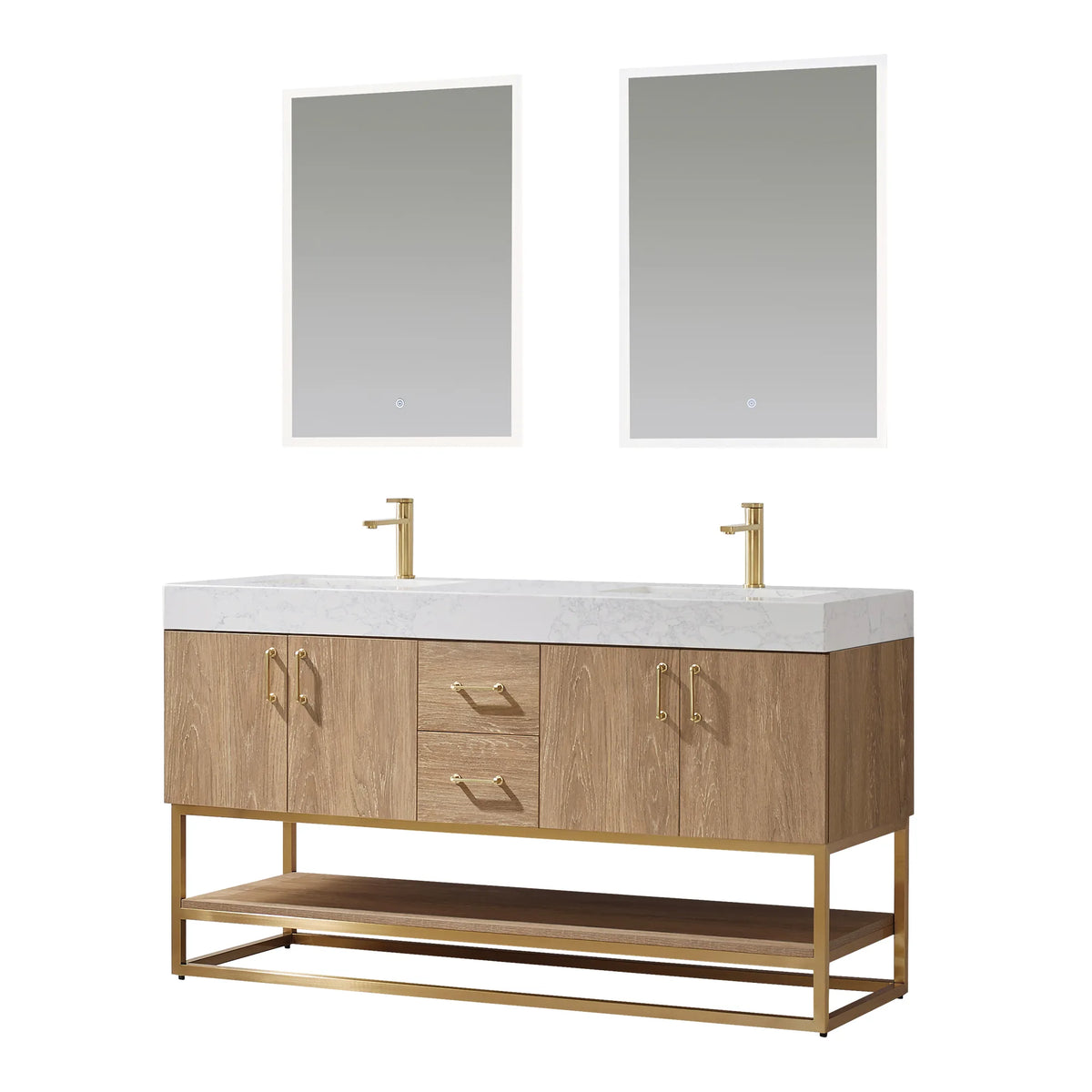 Front view of the double vanity with its two matching mirrors on white, drawers between the doors