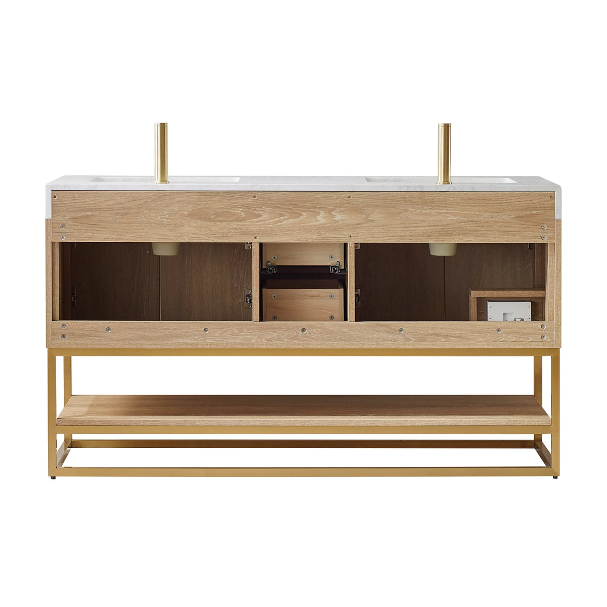 Front view of the double vanity cabinet without doors or drawers, showing the open bays and lower shelf on white