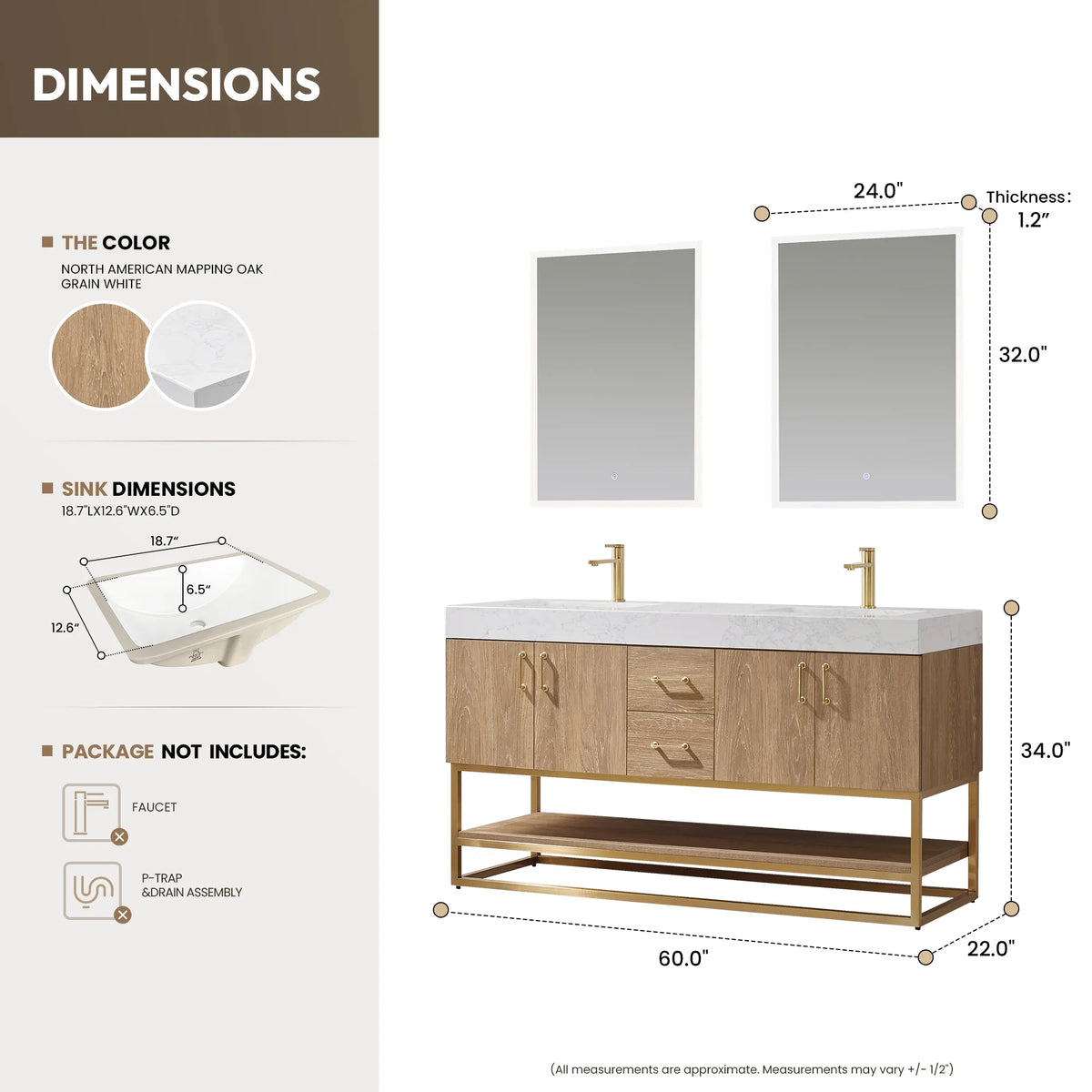 Overall width, depth and height marked on a dimension drawing of the 60 inch double vanity and its two mirrors
