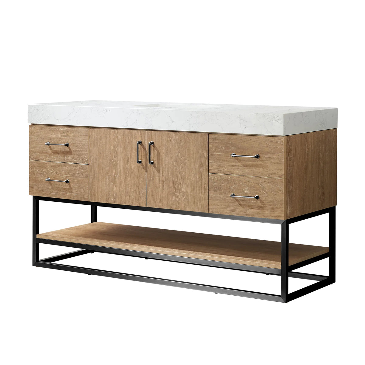 Angled front view of a 60 inch North American Oak single bathroom vanity with white stone top, on white