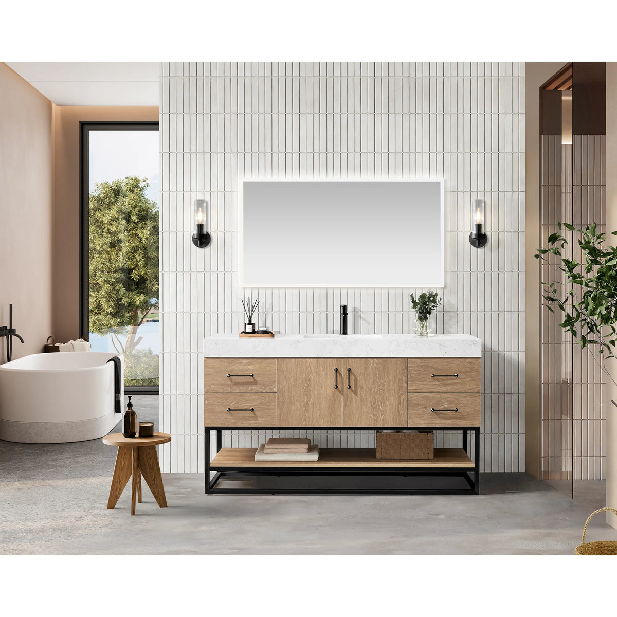 Room scene with a 60 inch single vanity, wall mirror, soaking tub and stool in front of a tiled wall and window