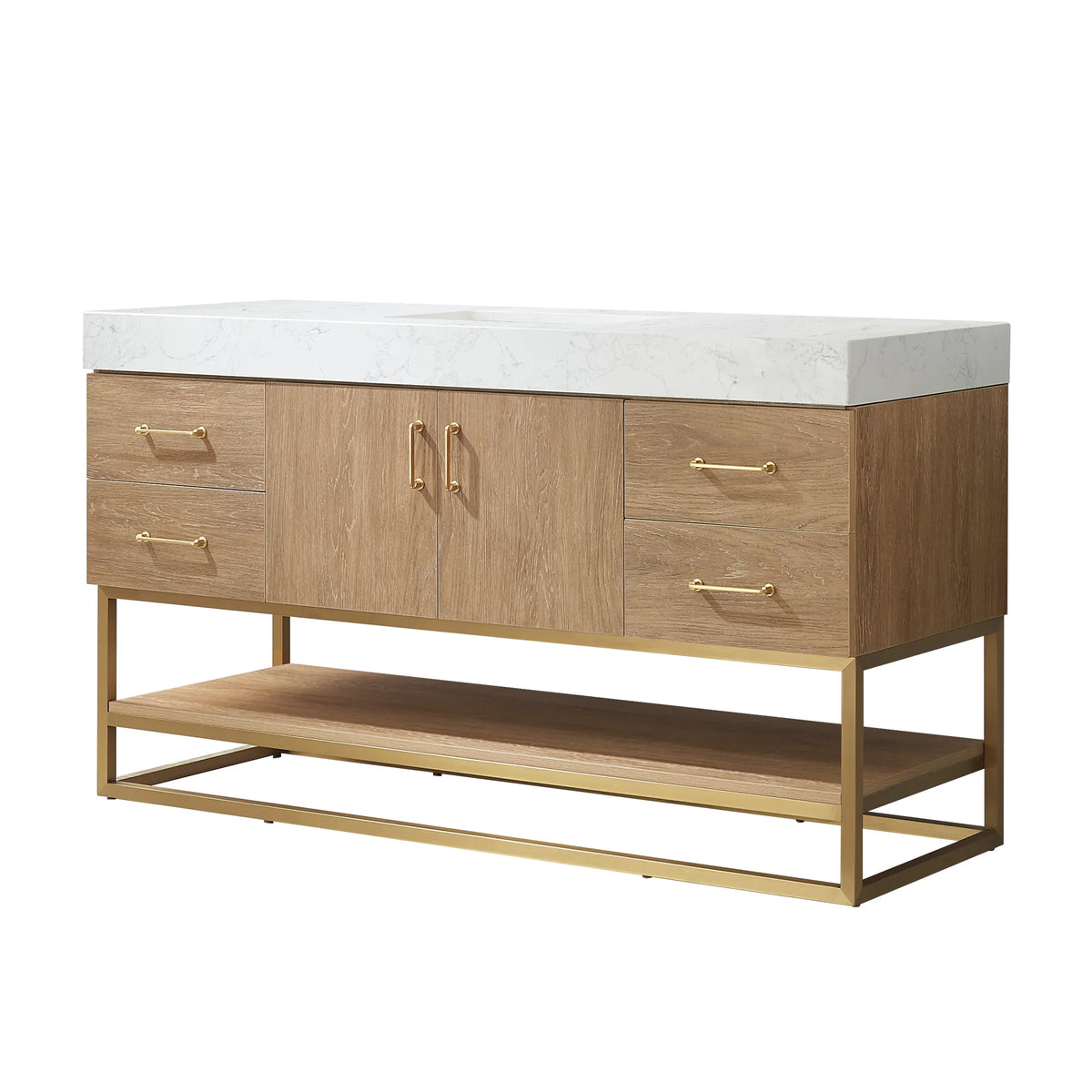 Angled front view of a 60 inch single bathroom vanity in North American Oak with brushed gold pulls, on white