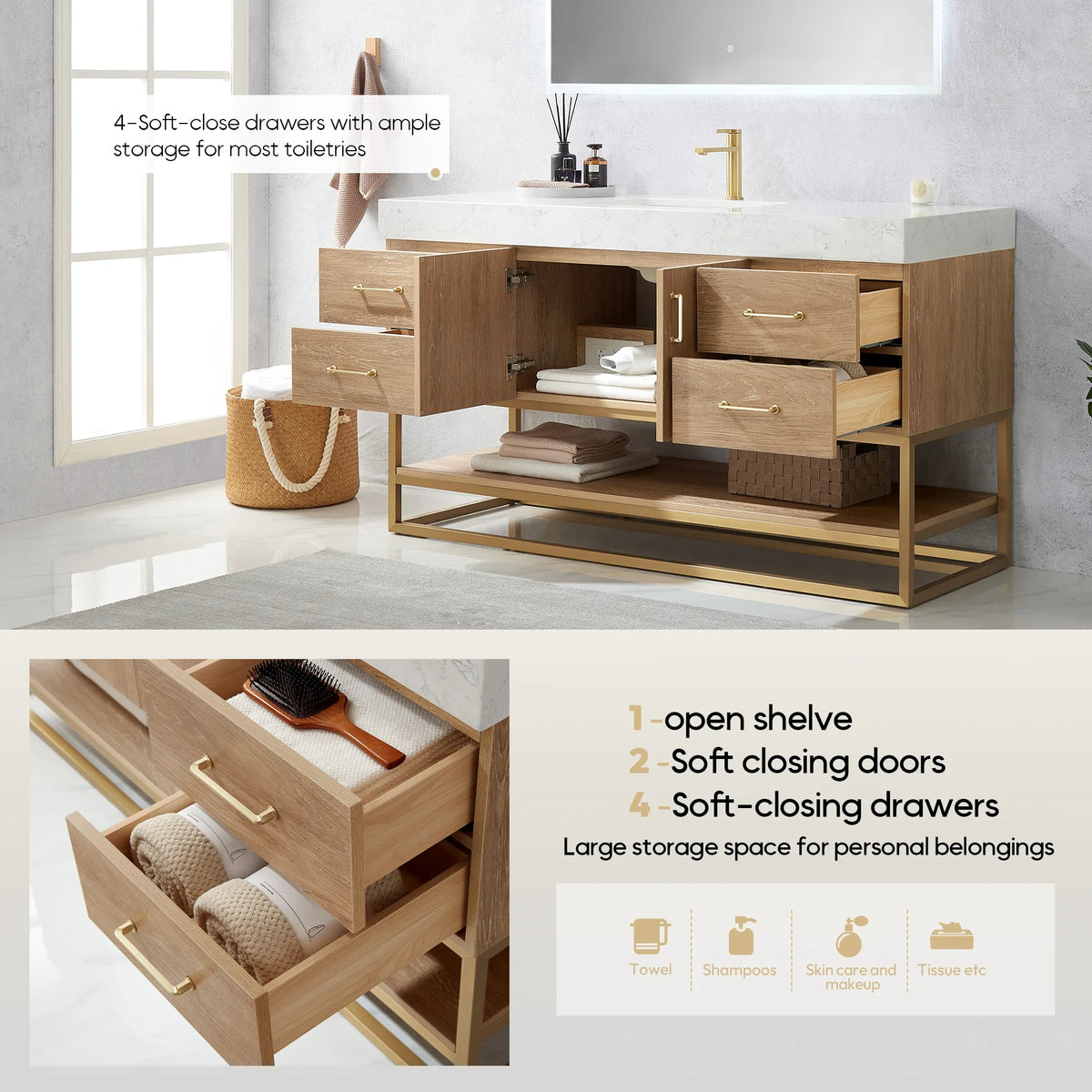 Feature graphic of storage on the vanity with its gold base: open drawers, doors, shelf and a drawer interior inset