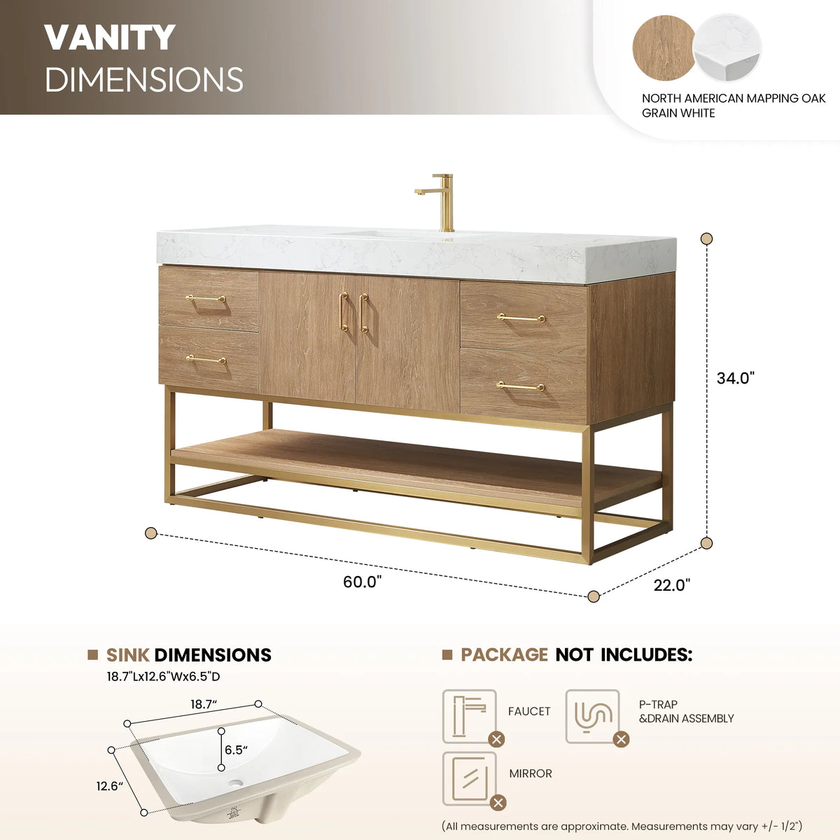 Dimension drawing showing the overall width, depth and height of the 60 inch single vanity
