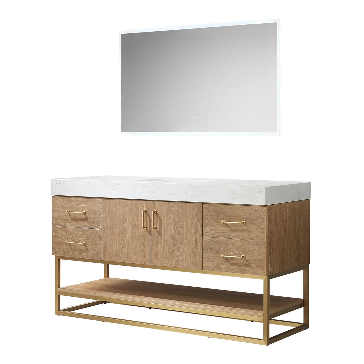 Front view of the single vanity and matching mirror on white, gold metal base under the cabinet