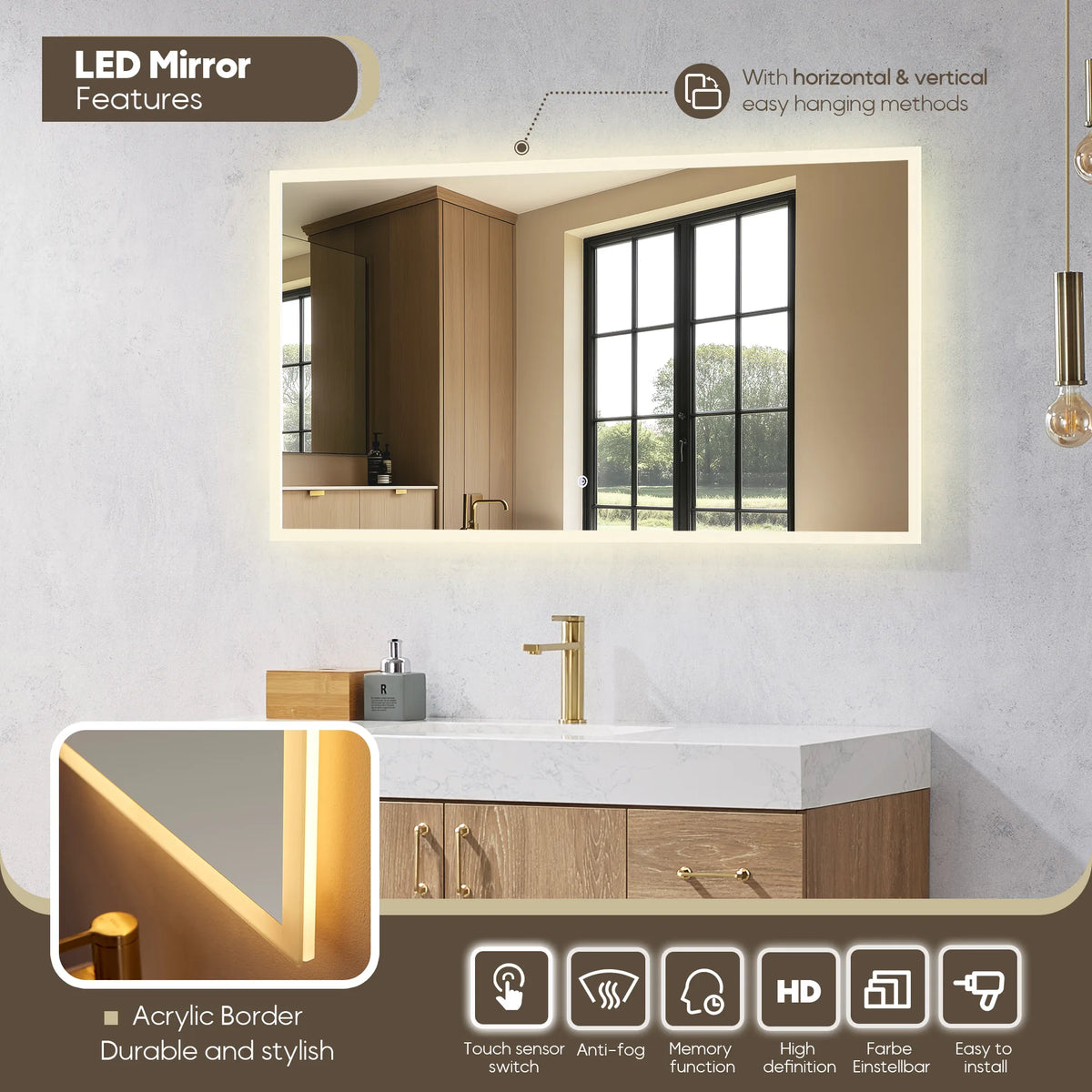 LED mirror feature graphic: lit acrylic border, edge cutaway and touch-control icon row above the vanity