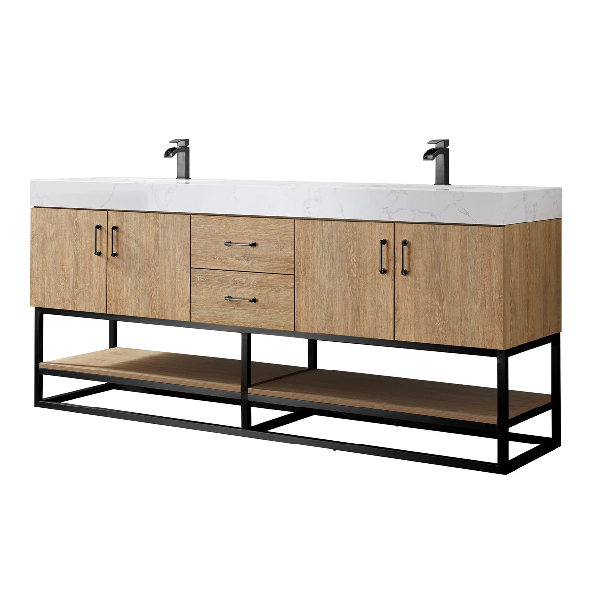 72 inch double vanity in North American Oak on white, black base