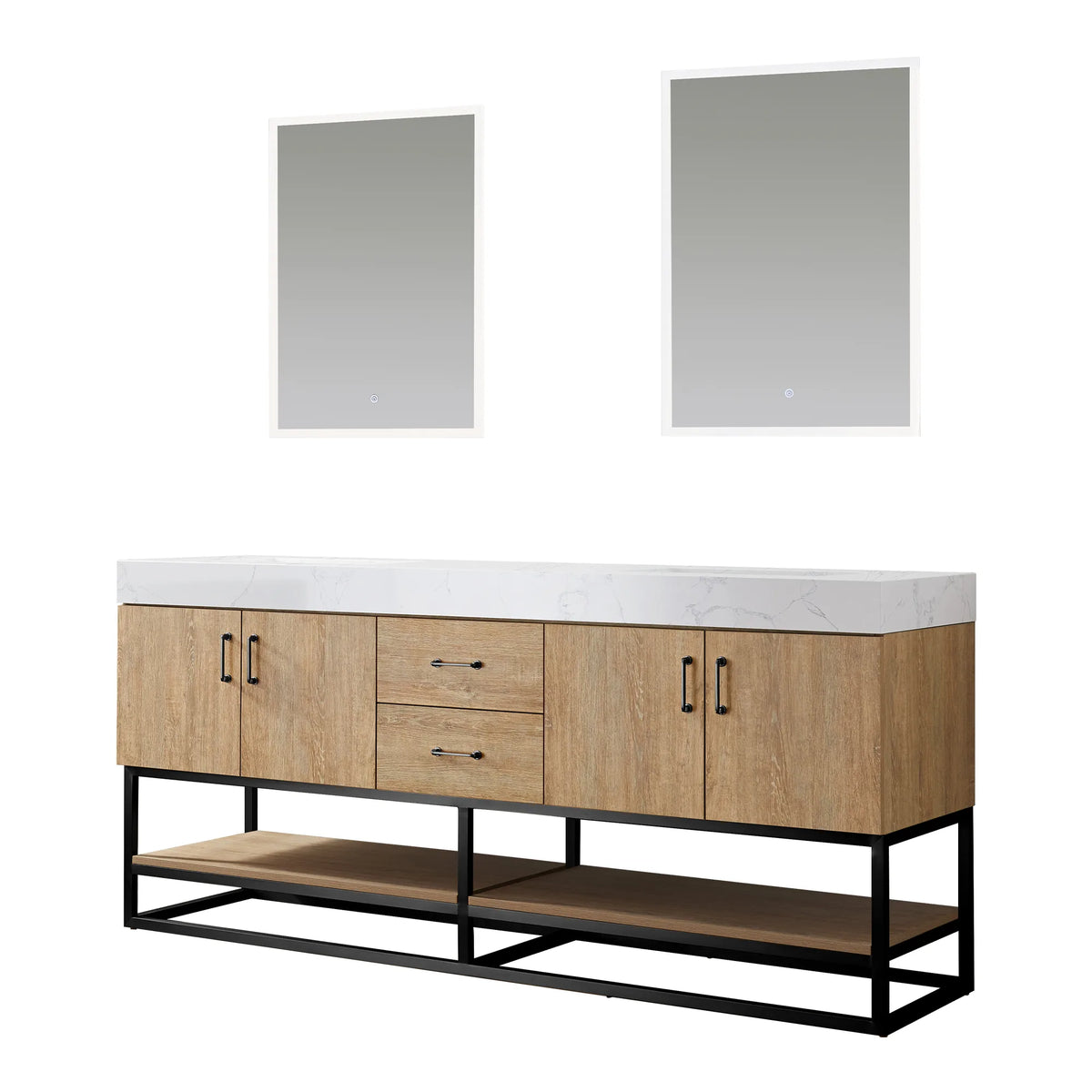 Front view of the double vanity with its matching mirrors on white, black pulls and an open lower shelf