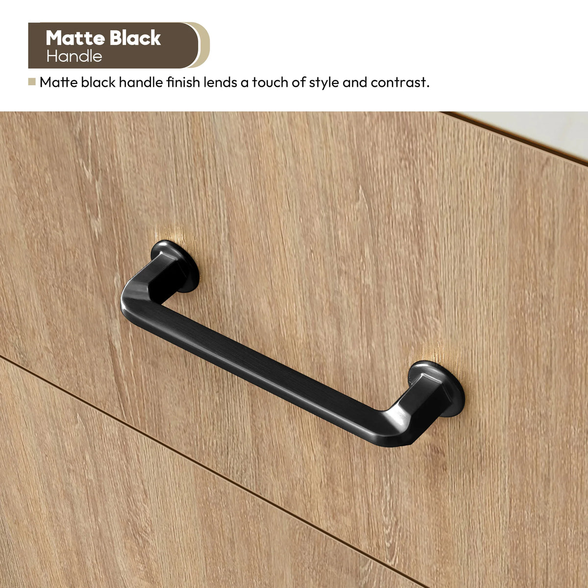 Close-up of a Matte Black handle on a North American Oak drawer front