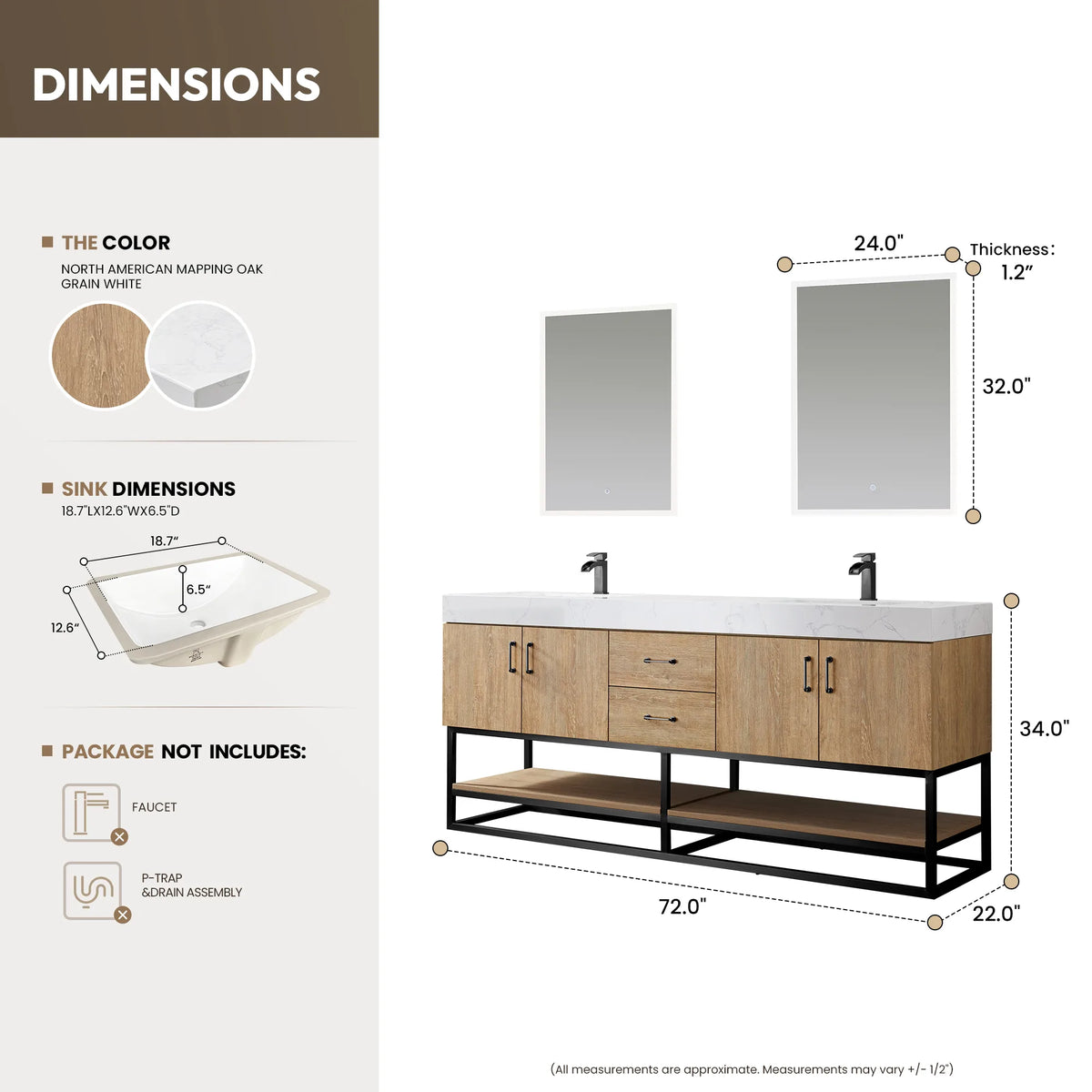 Overall width, depth and height marked on a dimension drawing of the 72 inch double vanity and its two mirrors