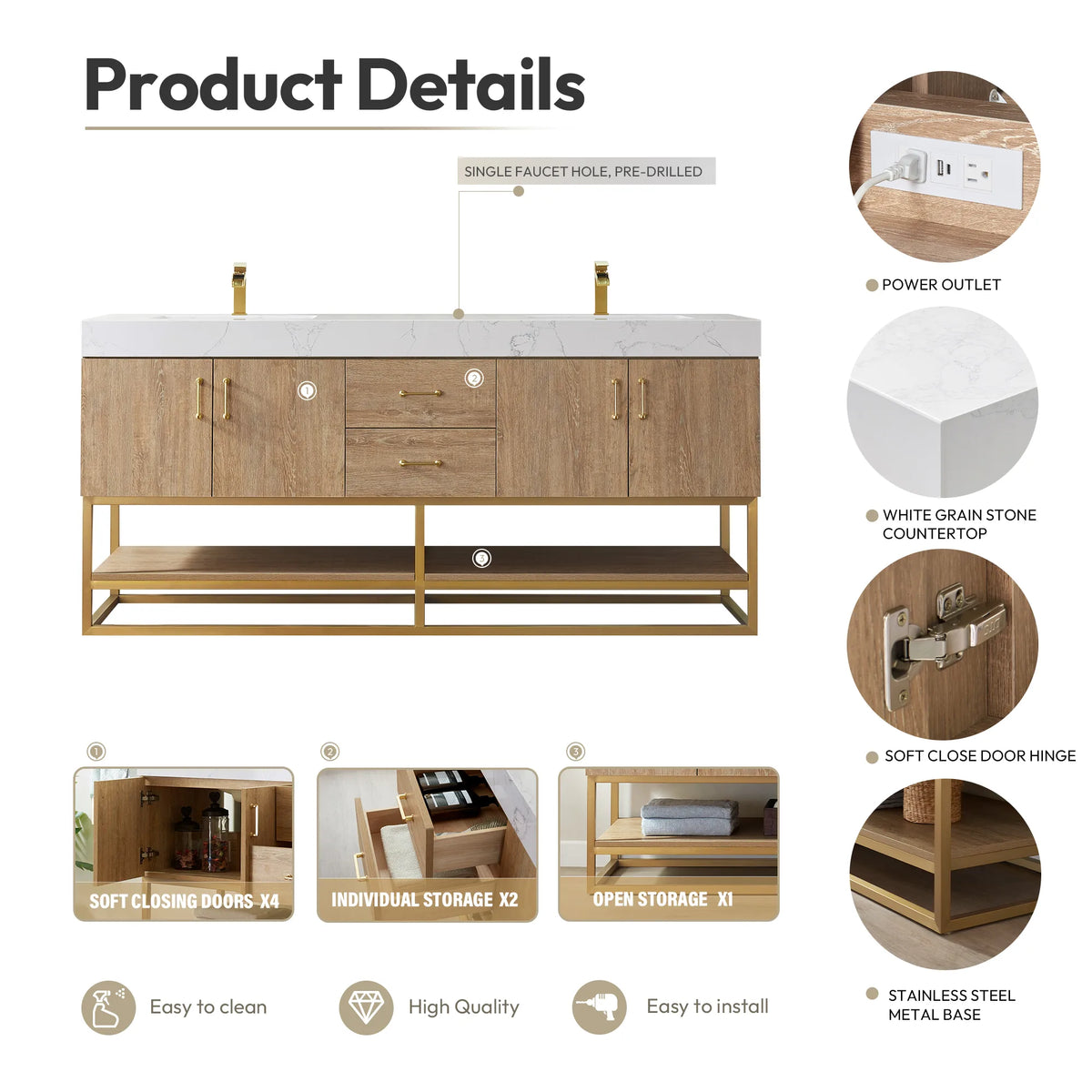 Callout graphic naming the power outlet, white grain stone top, soft-close door and metal base