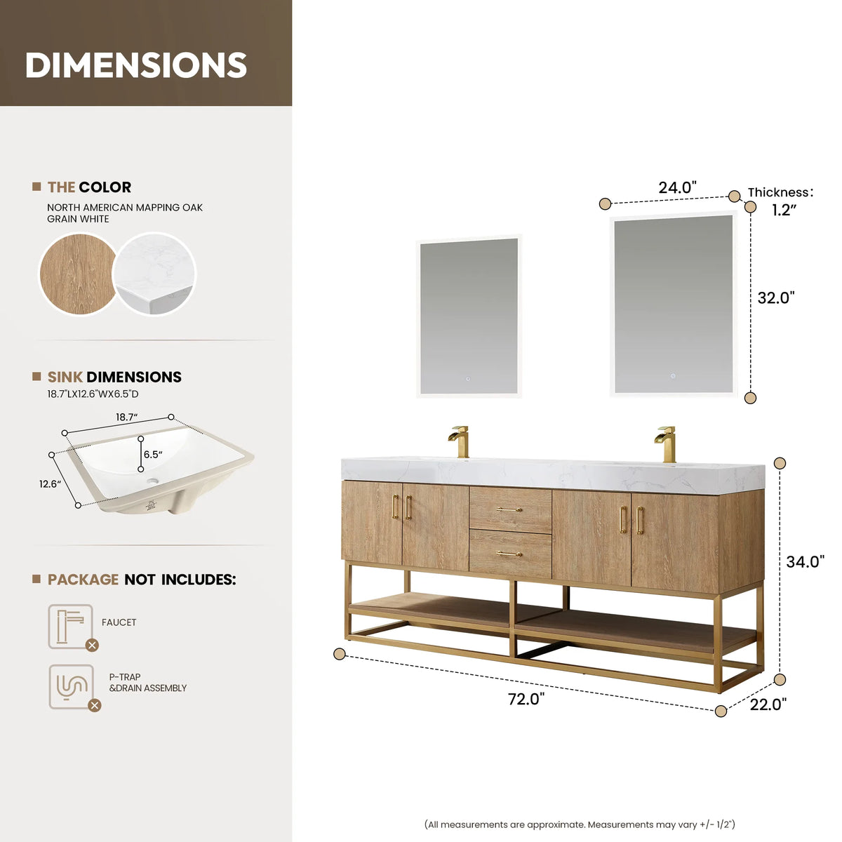 Overall width, depth and height marked on a dimension drawing of the 72 inch double vanity and its two mirrors