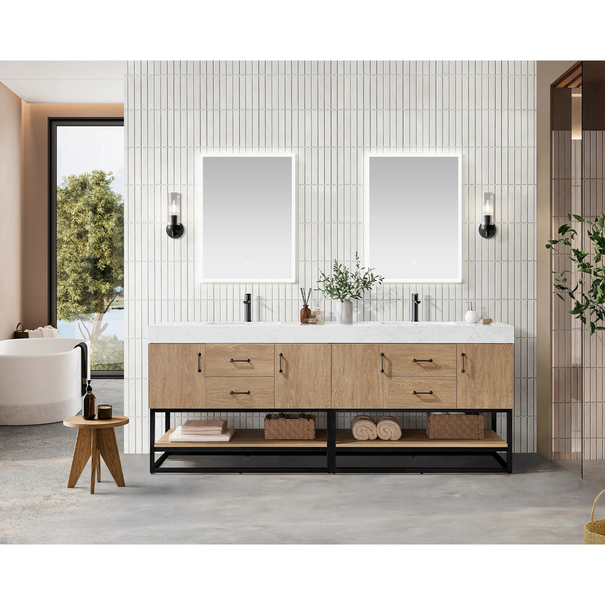 Room scene with an 84 inch double vanity in matte black hardware, two wall mirrors, soaking tub and tiled wall