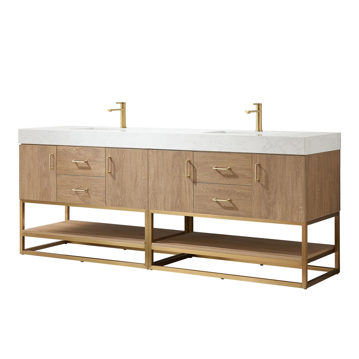 84 inch double vanity in North American Oak on white with a gold base