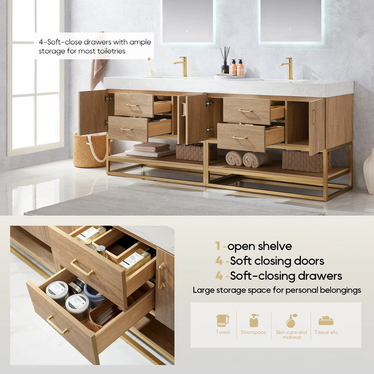 Feature graphic of open doors and drawers above the open shelf on the double vanity with a drawer interior inset and notes