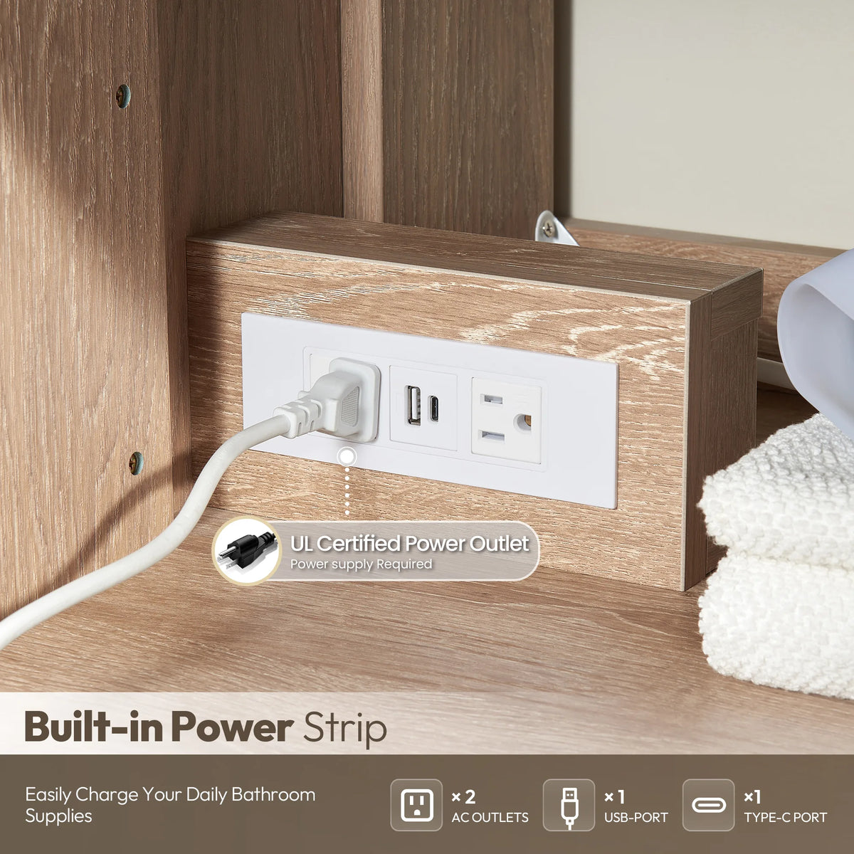 Close-up of the built-in power and USB outlet with AC sockets, USB port and Type-C port, towel beside it