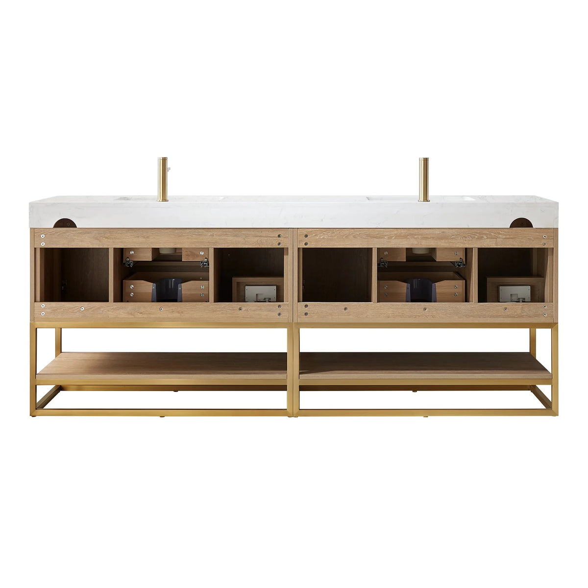 Front view of the double vanity cabinet without doors or drawers, showing its open bays and a lower shelf, on white