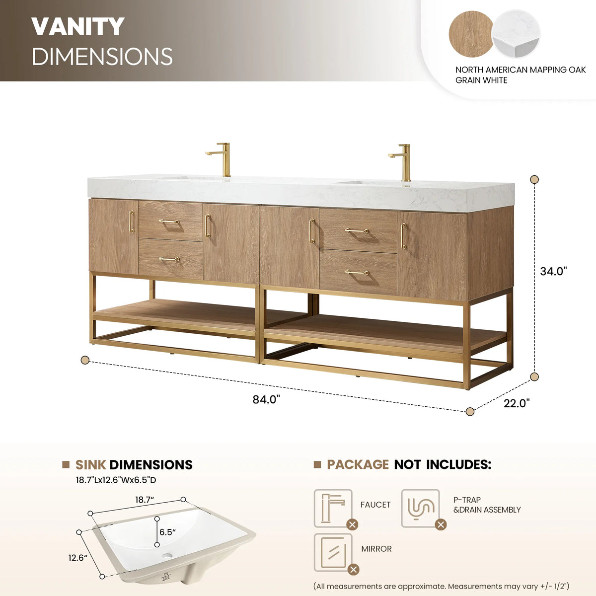 Dimension drawing showing the overall width, depth and height of the 84 inch double vanity