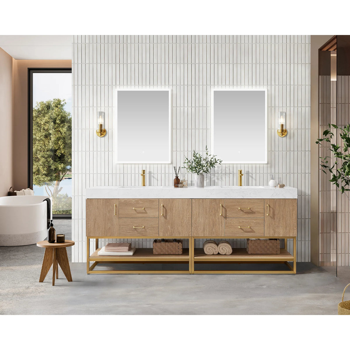 Room scene with an 84 inch double vanity, two wall mirrors with gold sconces, soaking tub and stool by a tiled wall