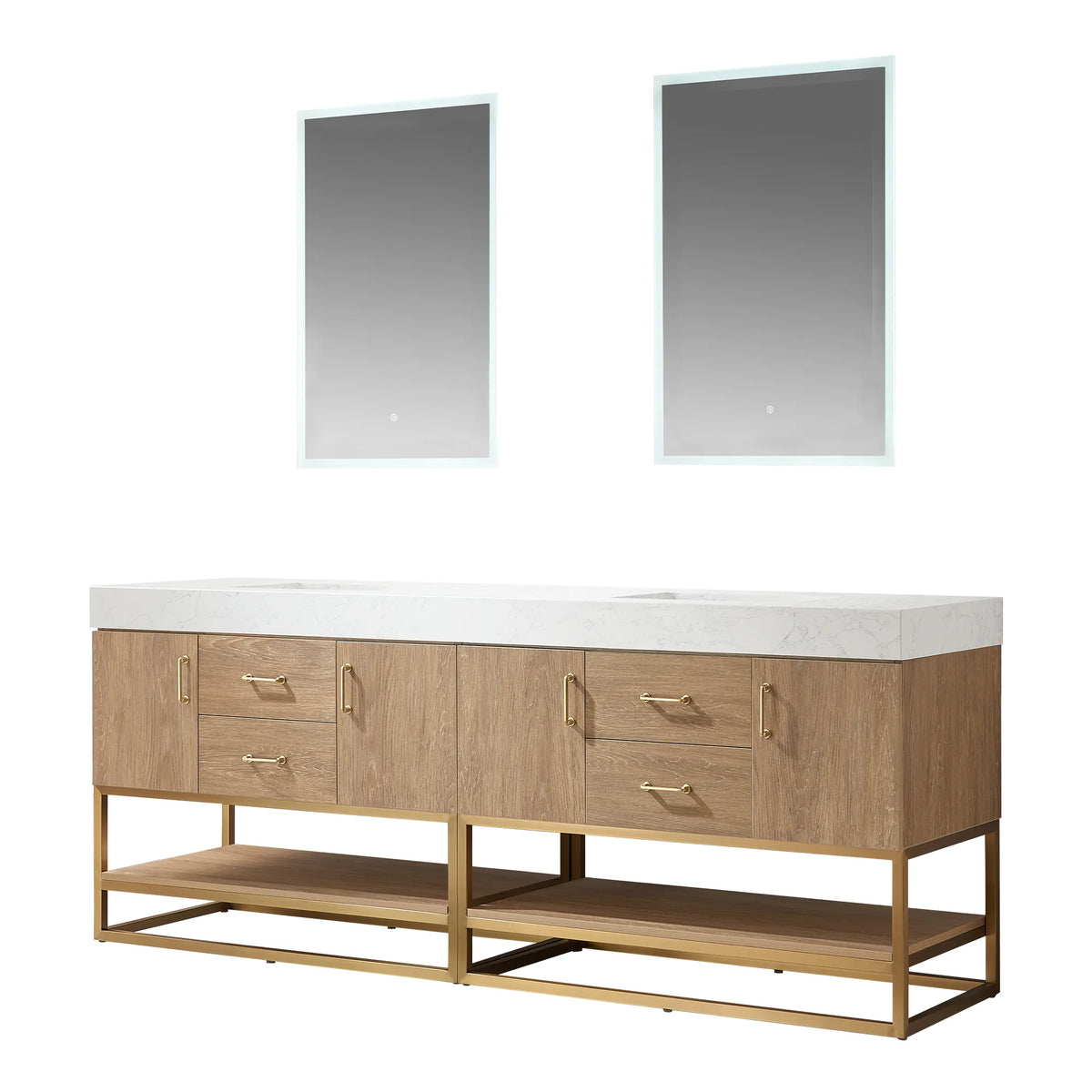 Front view of the double vanity and its matching mirrors on white, with gold pulls and an open lower shelf
