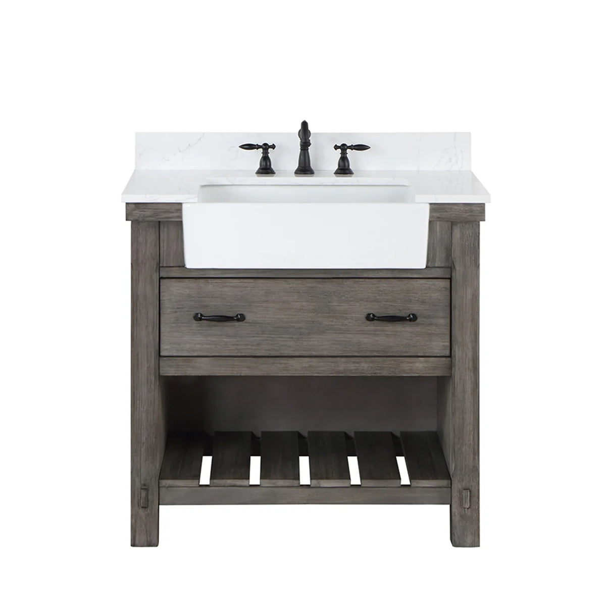 Widespread faucet installed on the white stone top, faucet sold separately, with one drawer and open shelving below