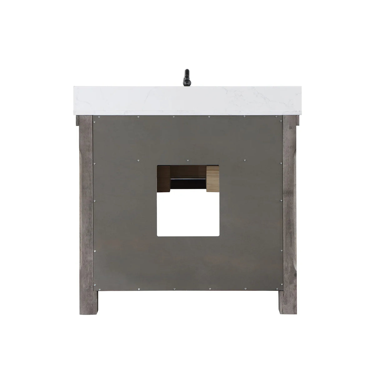 Back of the vanity with the solid back panel and plumbing opening, white background