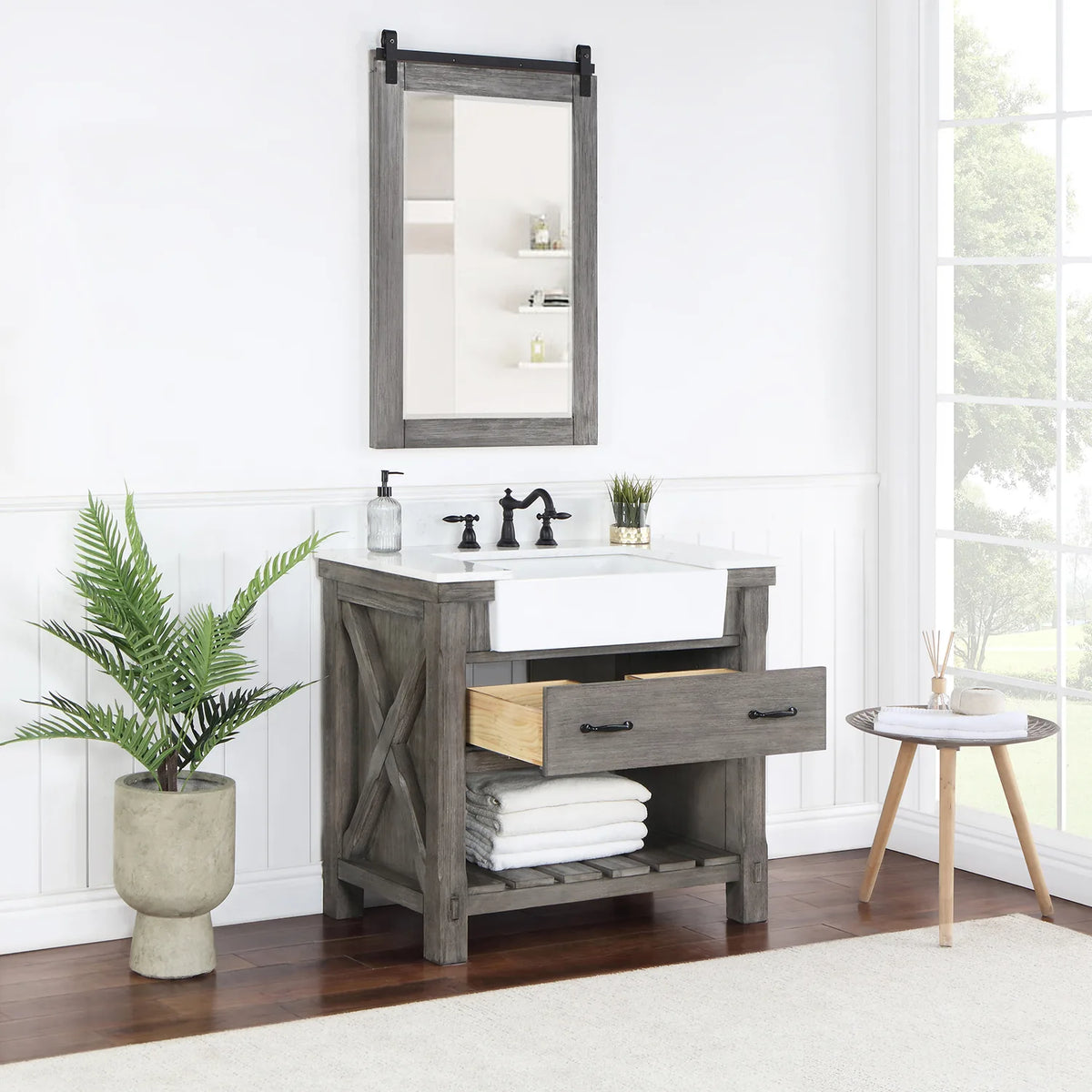 Room view with the mirror above and the drawer open on the Classical Grey vanity