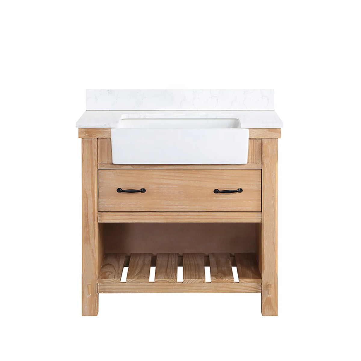 Weathered Pine 36 inch single bathroom vanity, white composite stone top and slatted open shelving, white background