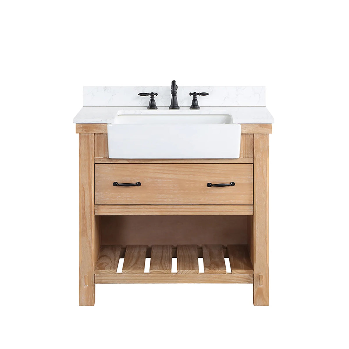 Widespread faucet installed on the white stone top, faucet sold separately, with one drawer and open shelving below