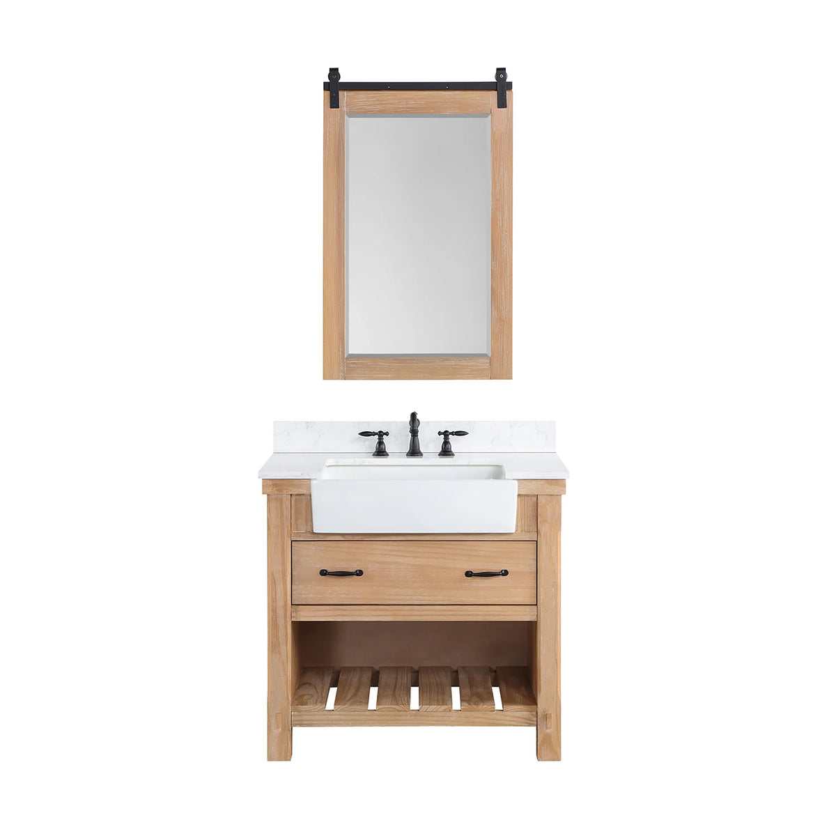 Wood-framed mirror paired with the Weathered Pine vanity, front-on against white