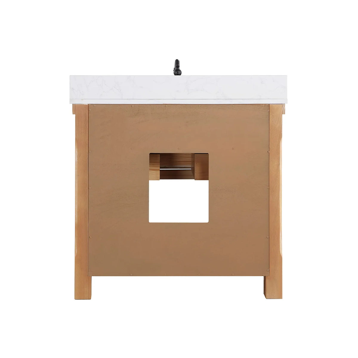 Freestanding cabinet from behind: finished back panel, cutout for pipes, open slatted shelving below