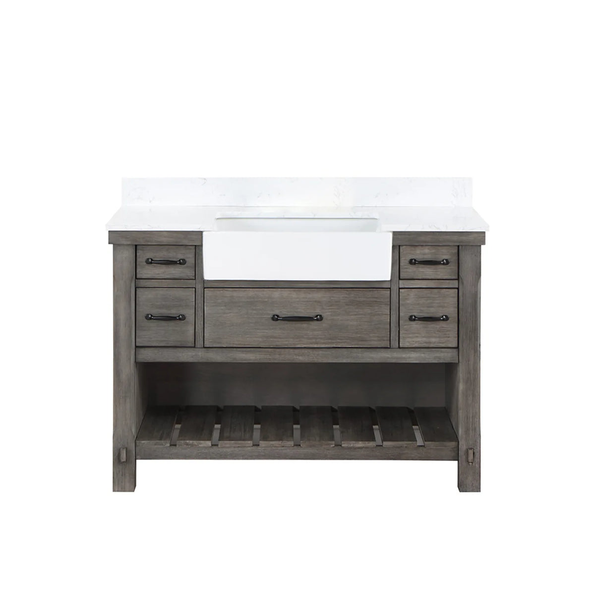 Classical Grey 48 inch single bathroom vanity, white composite stone top and slatted open shelving, white background