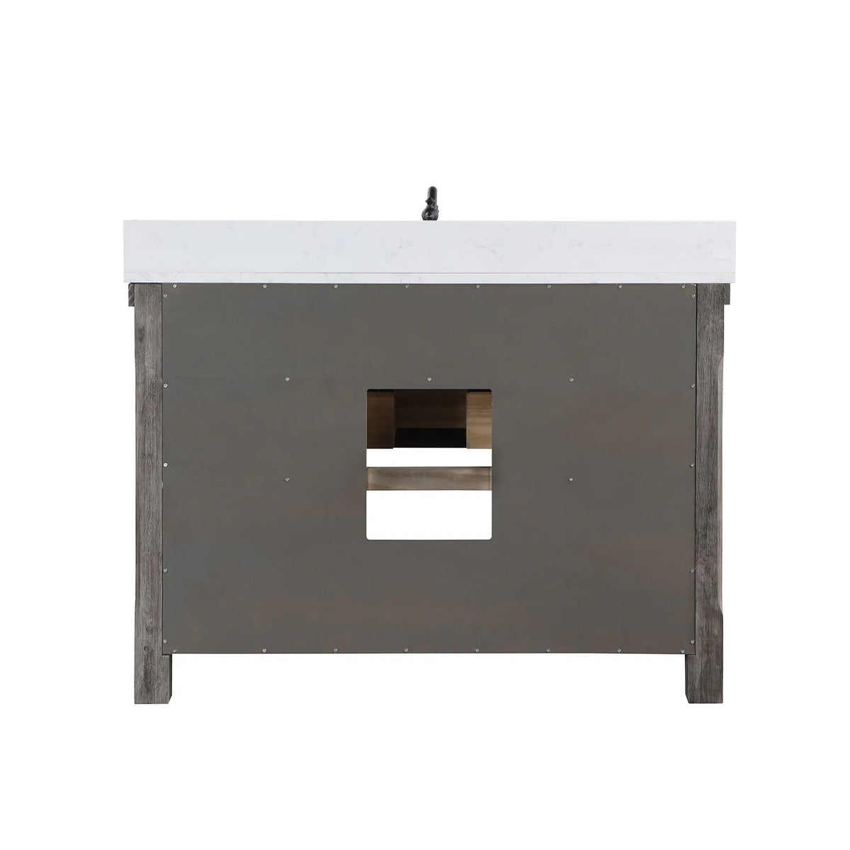 Back of the vanity with the solid back panel and plumbing opening, white background