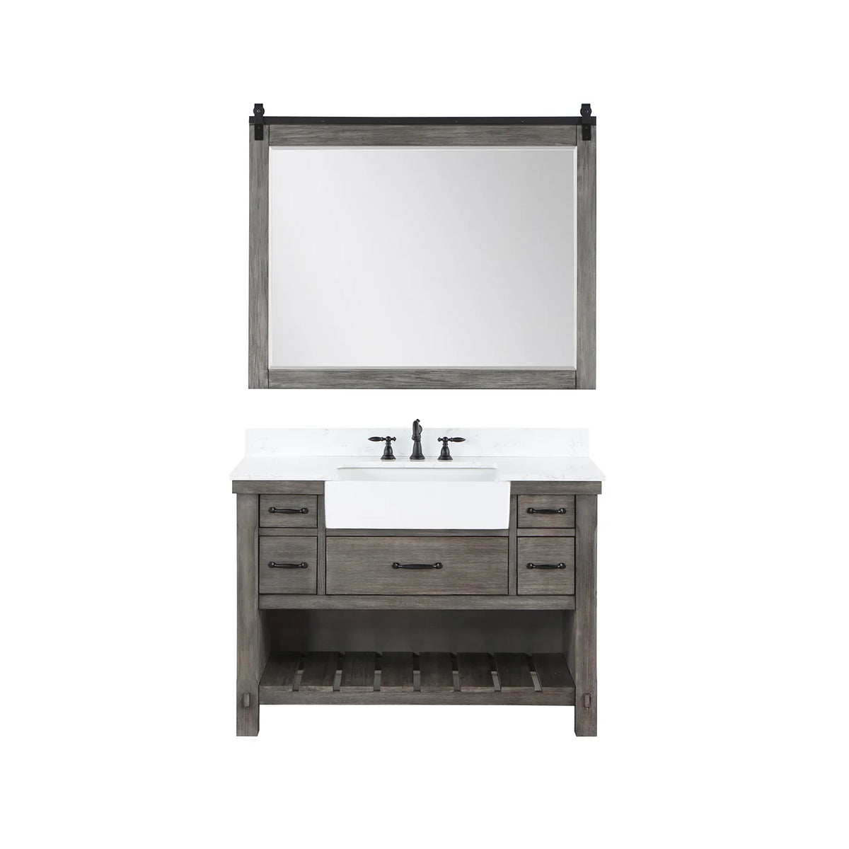 Wood-framed mirror paired with the Classical Grey vanity, front-on against white
